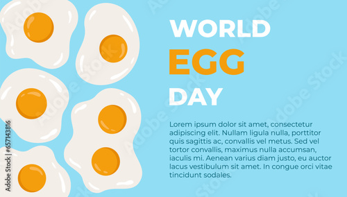 World Egg Day Banner. Different shaped fried eggs on blue background and basic text. Food theme for web banner or leaflet. Vector illustration. 