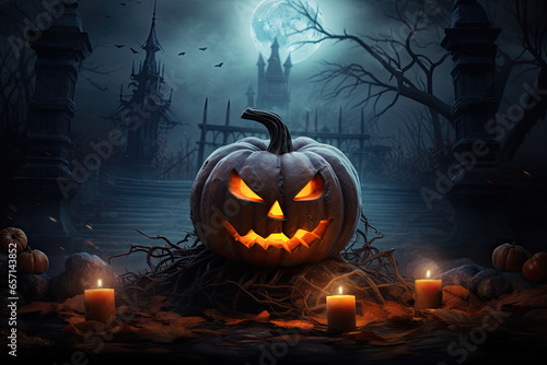 A spooky and atmospheric image featuring a jack-o'-lantern glowing in the dark, surrounded by eerie mist and candles