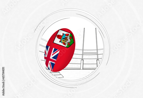 Bermuda flag on rugby ball, lined circle rugby icon with ball in a crowded stadium.