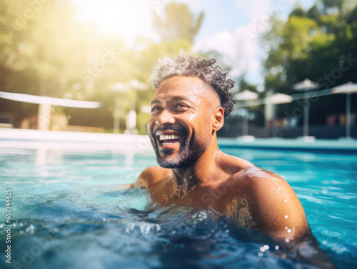 Happy young African man in swimming pool smiling and having fun