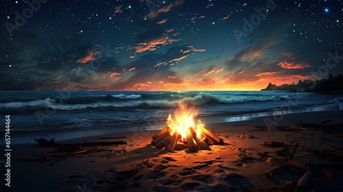 beautiful sunset at the beach with a bonfire