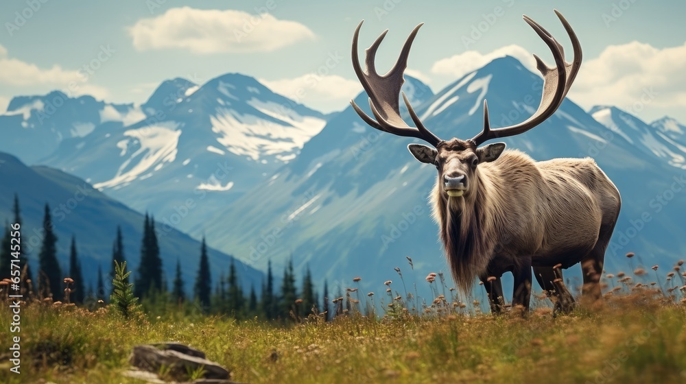 Caribou bull on beautiful mountain landscape. Caribou bull on beautiful mountain landscape.