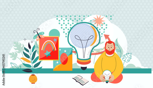 Creativity, genius, new idea concept. Thoughtful man holding lightbulb in hand, thinking for solution gathering ideas for best decision. Person studying gets educated with book, art master class