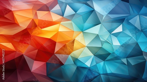 Closeup of a geometric wallpaper with triangular facets in blue orange and red creating a 3D effect