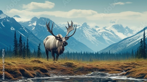 Caribou bull on beautiful mountain landscape.
