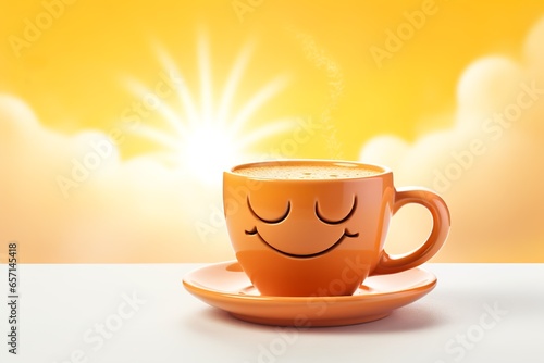 smilling sunbeam above ceramic cup of hot drink
