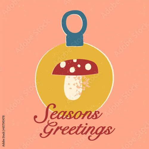 Seasons greetings retro greeting card. Vintage midcentury glass Christmas Tree toadstool mushroom bauble, ornament. photo