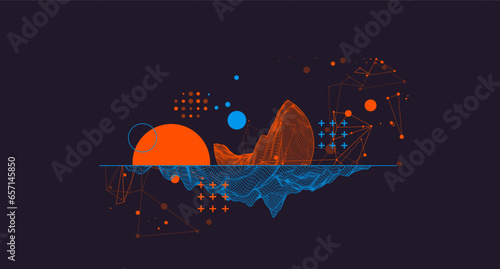 Trendy abstract wireframe mountain background. Modern science or technology art elements. Surface illustration.