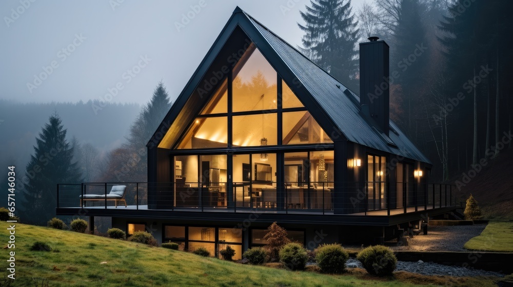 Contemporary black wooden home with large windows on the mountains. Contemporary black wooden home with large windows on the mountains.