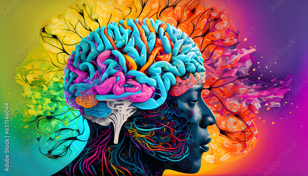 A striking visual representation of ADHD, where the intricate and colorful neural patterns of the brain are dynamically visible on the surface of a man's head A striking visual representation of ADHD, where the intricate and colorful neural patterns of the brain are dynamically visible on the surface of a man's head
