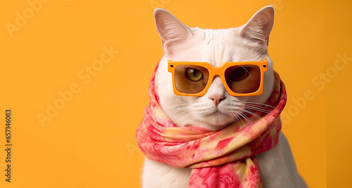 Portrait of a cat wearing sunglasses and a scarf around his neck on a yellow background  space for text
