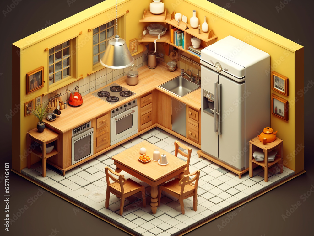3D decoration of a small residential kitchen complete with kitchen appliances and kitchen cabinets. Neatly arranged to maximize the small space.
3D decoration of a small residential kitchen complete with kitchen appliances and kitchen cabinets. Neatly arranged to maximize the small space.