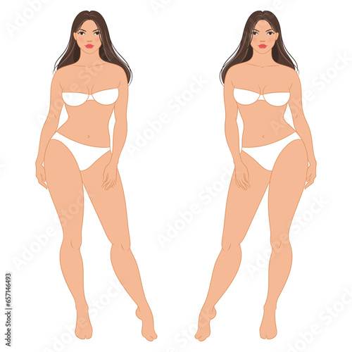 Plus size female fashion figure posing, vector template. Beautiful curvy woman body vector illustration. Female colored croquis with face and hair. 