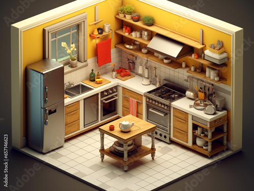 3D decoration of a small residential kitchen complete with kitchen appliances and kitchen cabinets. Neatly arranged to maximize the small space. 