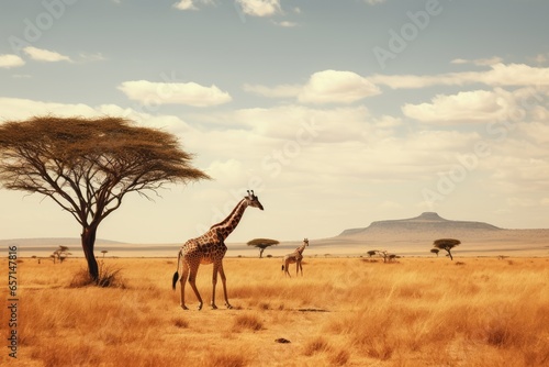A diverse giraffe animal ecosystem on a grassland horizon. photo