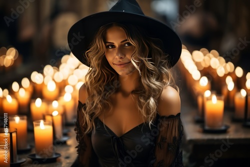 Jolie femme habillée en sorcière dans un décor d'Halloween
