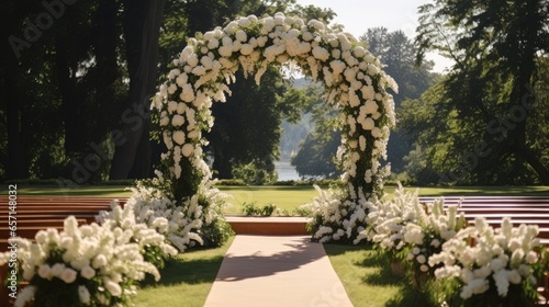 Stylishly decorated outdoor wedding, Floral decorative with wedding arch for ceremony aisle.