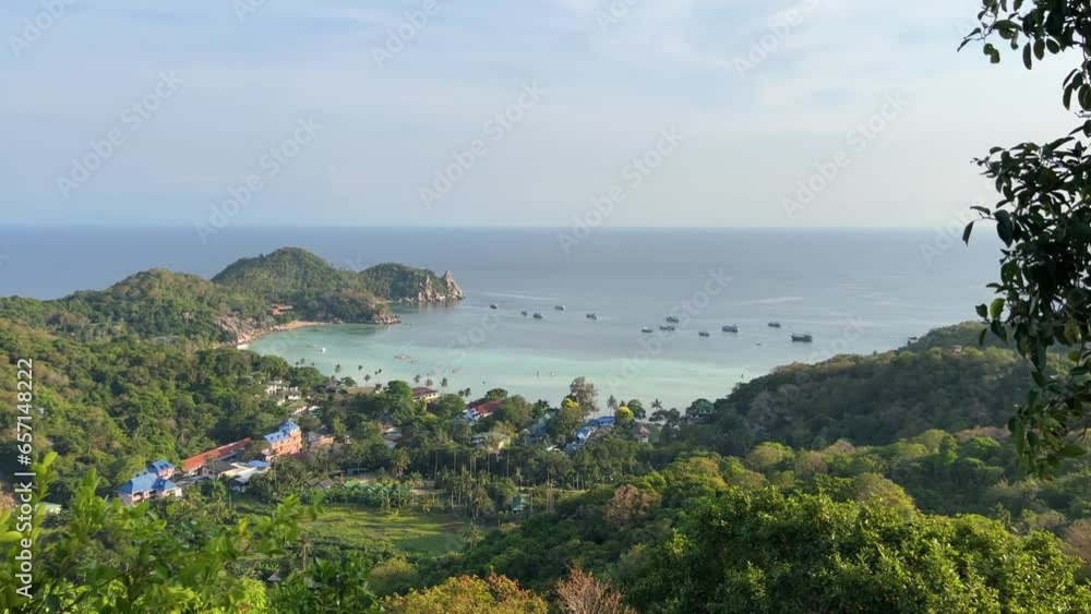 Wide panorama landscape view from the high Desha viewpoint on picturesque tropical nature, Chalok Baan Kao bay, sea horizon, Taa Toh Lagoon beach on Koh Tao island in Thailand Wide panorama landscape view from the high Desha viewpoint on picturesque tropical nature, Chalok Baan Kao bay, sea horizon, Taa Toh Lagoon beach on Koh Tao island in Thailand