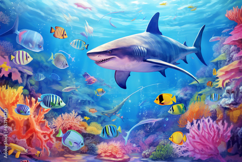 shark with group of colorful fish and sea animal with colorful coral under sea water