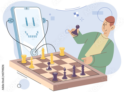 Man playing strategic game chess online with smartphone. Young guy sitting at table with chessboard. Chess tournament between players. Strategy game. Checkmate. Intelligence business board game
