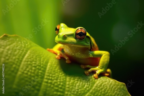 Close-up of a green tree frog in its natural environment.
