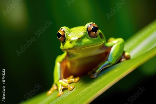 Close-up of a green tree frog in its natural environment. © idaline!