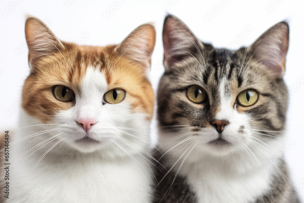 Close up of two cats looking at the camera on white background.