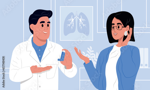 Doctor is telling to her patient how to use inhaler. Allergy, asthmatic. Inhalation drug. Bronchial asthma.