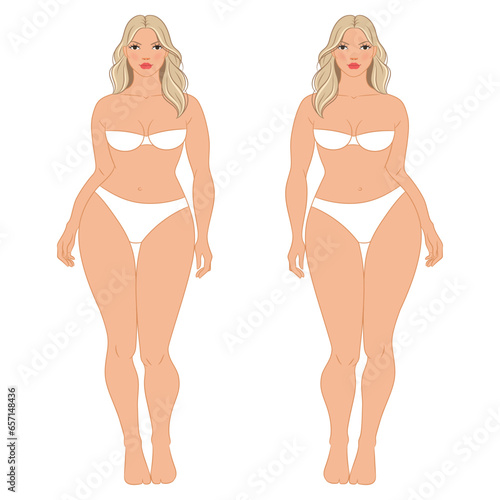 Plus size female fashion figure posing, vector template. Beautiful curvy woman body vector illustration. Female colored croquis with face and hair. 