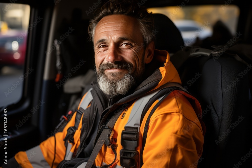 Friendly Portrait of a Bearded Driver in an Orange Jacket, Exuding Professionalism and Warmth in Daily Commutes. Friendly Portrait of a Bearded Driver in an Orange Jacket, Exuding Professionalism and Warmth in Daily Commutes.