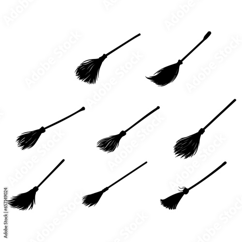 Halloween Logo: Set of Witch Broomsticks Silhouette and Witch Symbol in Isolated Vector Illustration