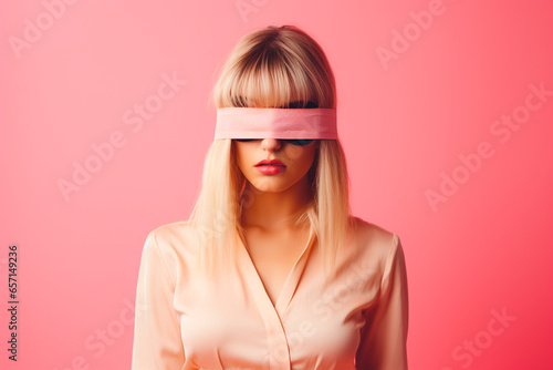 a young woman with a blindfold that prevents her from seeing. Studio photo with pastel background. bright background, soft shadows © Enrique