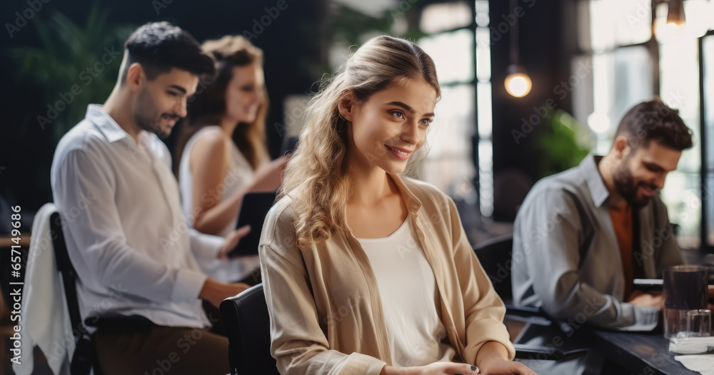 Disabled Business woman sitting in a wheelchair having a meeting with colleagues in an office space. Disabled Business woman sitting in a wheelchair having a meeting with colleagues in an office space.