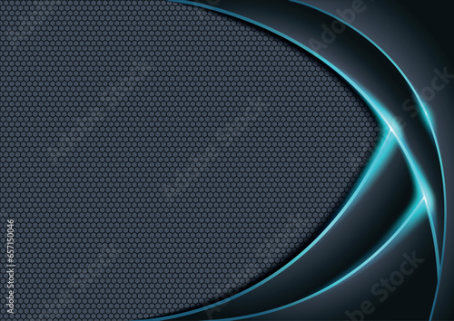 Layered Curvy Objects with Blue Glowing Edges on Gray Hexagonal Textured Back...