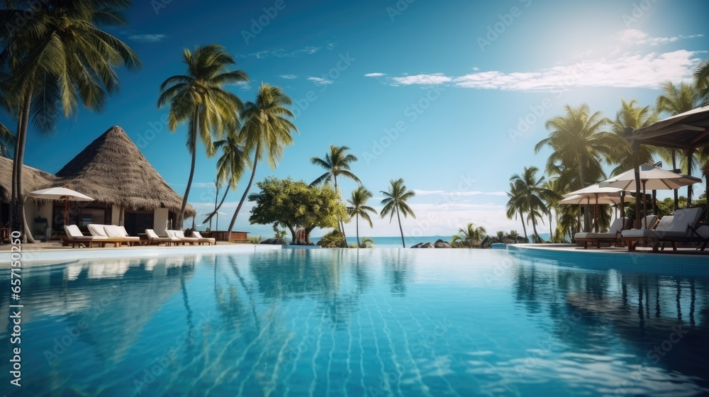 Beautiful resort with beachfront pool sun loungers and palm trees, Travel vacations concept. Beautiful resort with beachfront pool sun loungers and palm trees, Travel vacations concept.