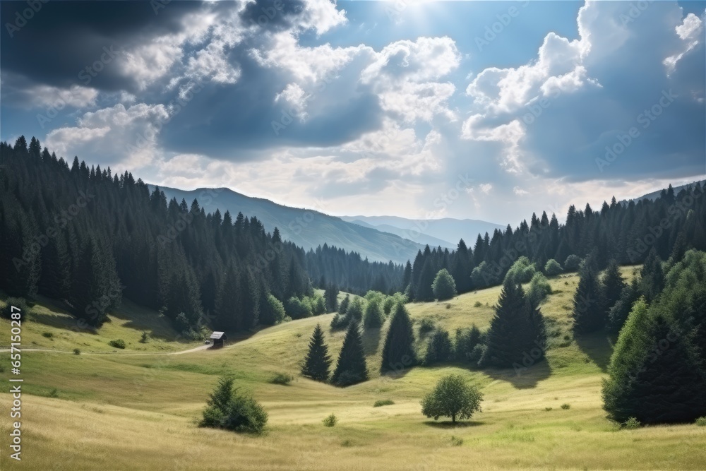 Tranquil Scene in Nature: Green Meadow Surrounded by Mountains and Forests