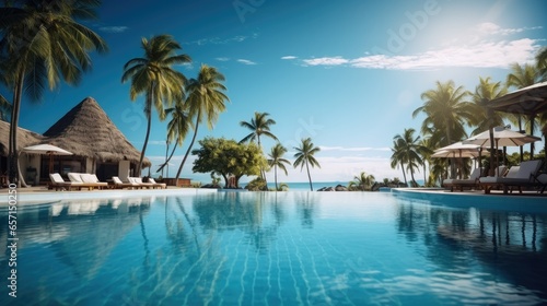 Beautiful resort with beachfront pool sun loungers and palm trees  Travel vacations concept.