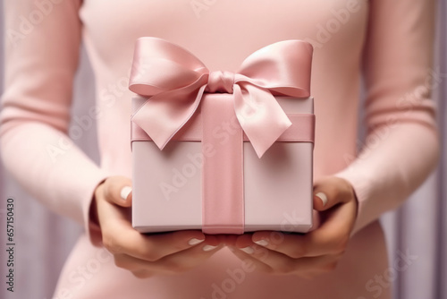 Wallpaper Mural Pastel pink present box wrapped with silk ribbon in woman hands. Christmas, new year, birthday gift. Holidays, shopping and sales concept. Torontodigital.ca