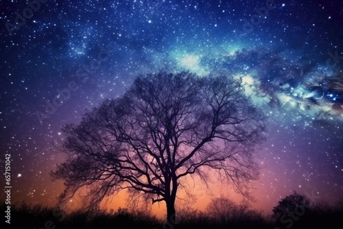 Silhouetted Tree Under Starry Sky: Tranquil Scene in Nature's Celestial Beauty
