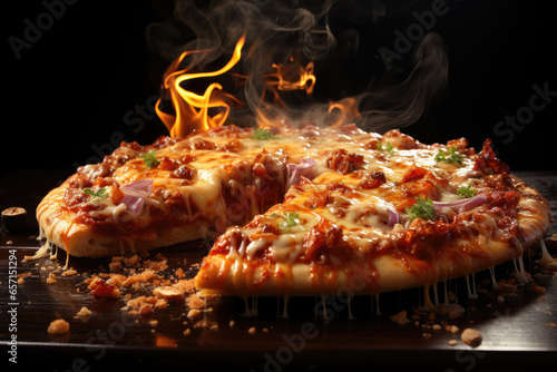 Hot big pepperoni pizza with smoke and fire composition with melting cheese bacon tomatoes ham paprika steam smoke