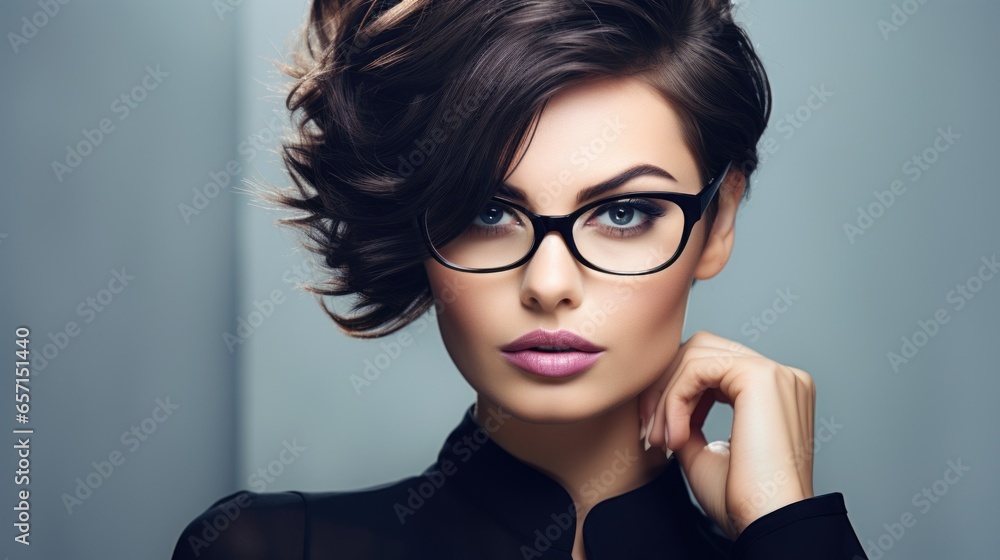 photo of a beautiful woman with a stylish hairstyle, wearing stylish glasses, close-up photo of a beautiful woman with a stylish hairstyle, wearing stylish glasses, close-up