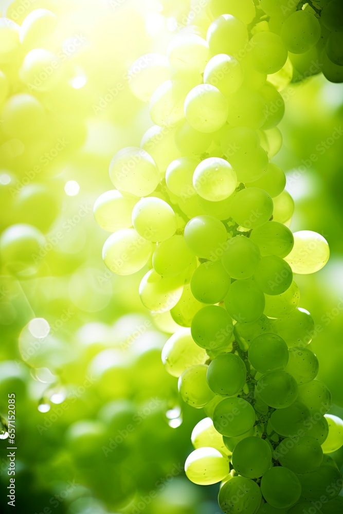 out of focus green grapes on the vine background illustration with lots of bokeh and room for copy text.