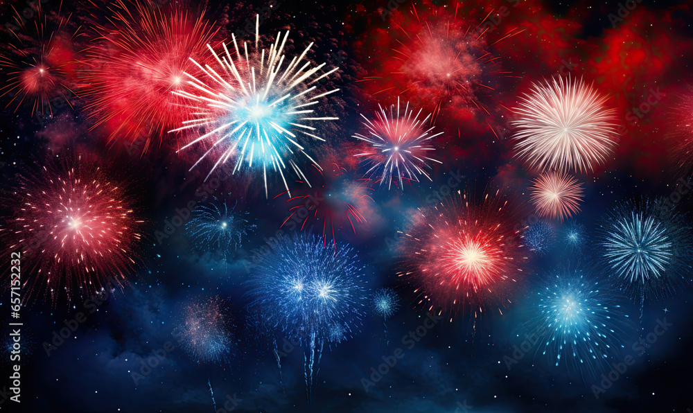 The night sky bursts into a dazzling display of colorful fireworks. The night sky bursts into a dazzling display of colorful fireworks.