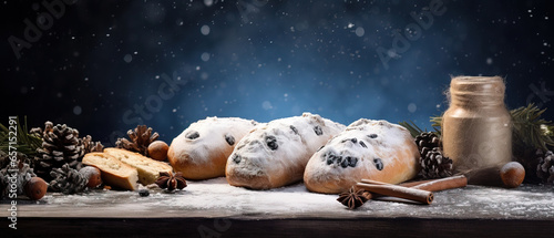 Christmas Stollen in a minimalistic photographic approach, artistic arrangement and ambiance, with empty copy space photo