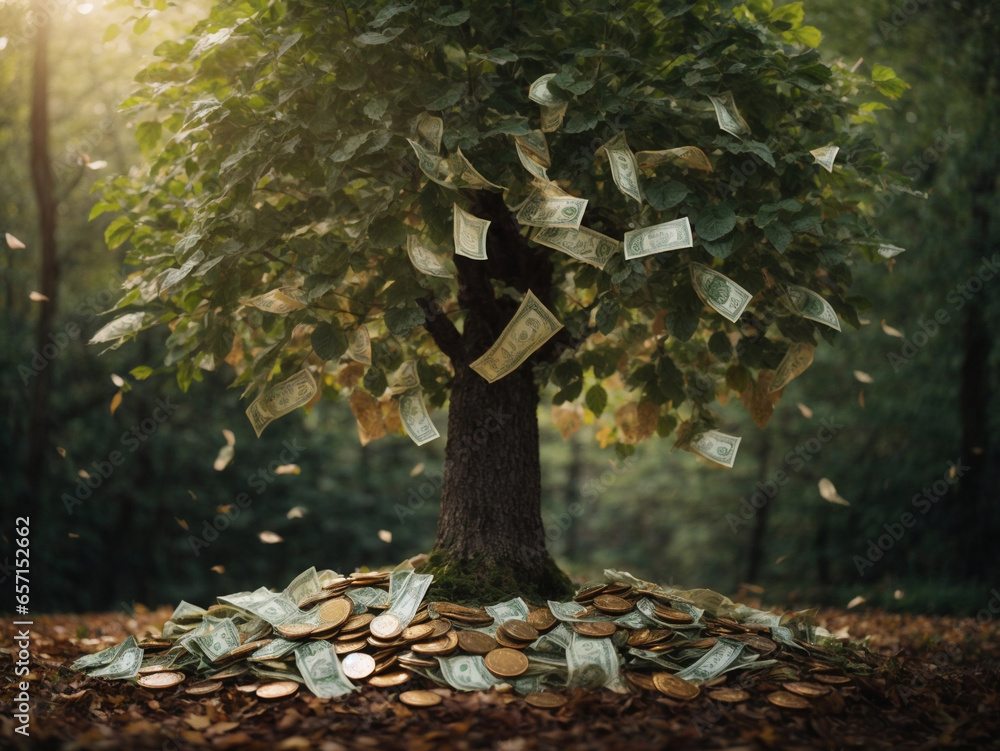 money tree with leaves of bills growing - obrazy, fototapety, plakaty 