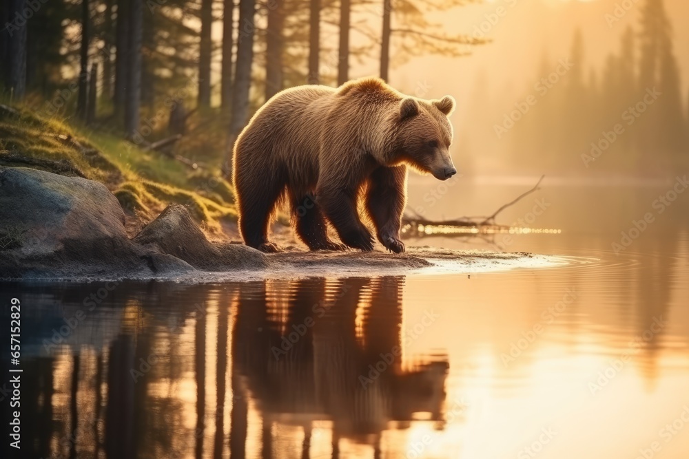 Grizzly bear in morning reflection, solitary in wilderness, side view. - obrazy, fototapety, plakaty 