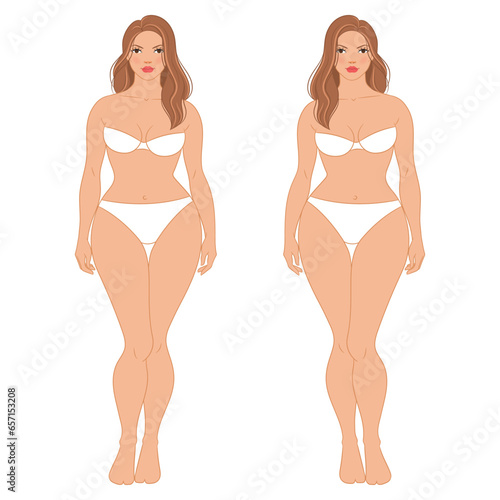 Plus size female fashion figure posing, vector template. Beautiful curvy woman body vector illustration. Female colored croquis with face and hair. 
