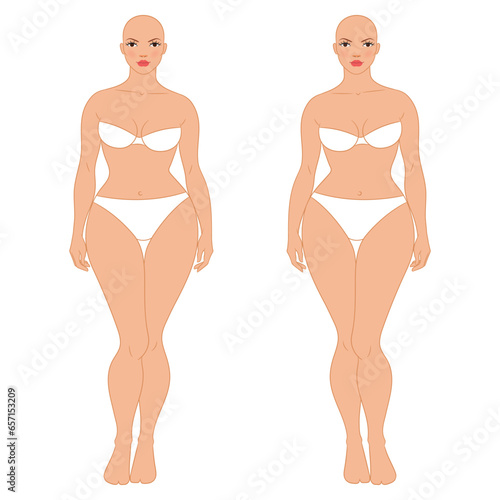 Plus size female fashion figure posing, vector template. Beautiful curvy woman body vector illustration. Female colored croquis. 
