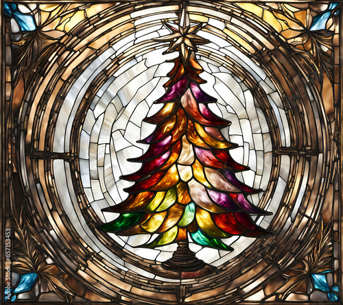 Bright colored christmas tree, abstract painting in stained glass style