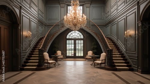 A grand entrance with a double door, elegant chandelier, and a sweeping staircase